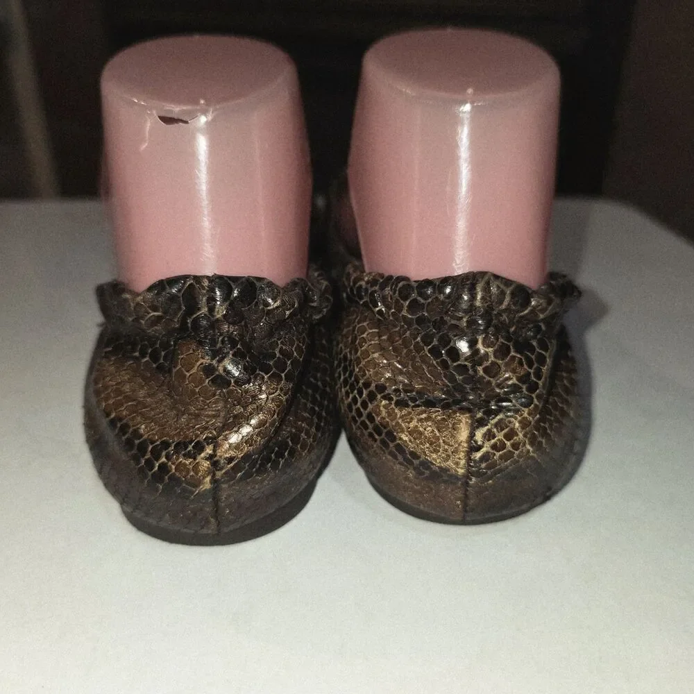 Tory Burch Sz 7.5 Reva Brown Faux Snake Gold Metal Logo Discs Boho Leather Flats